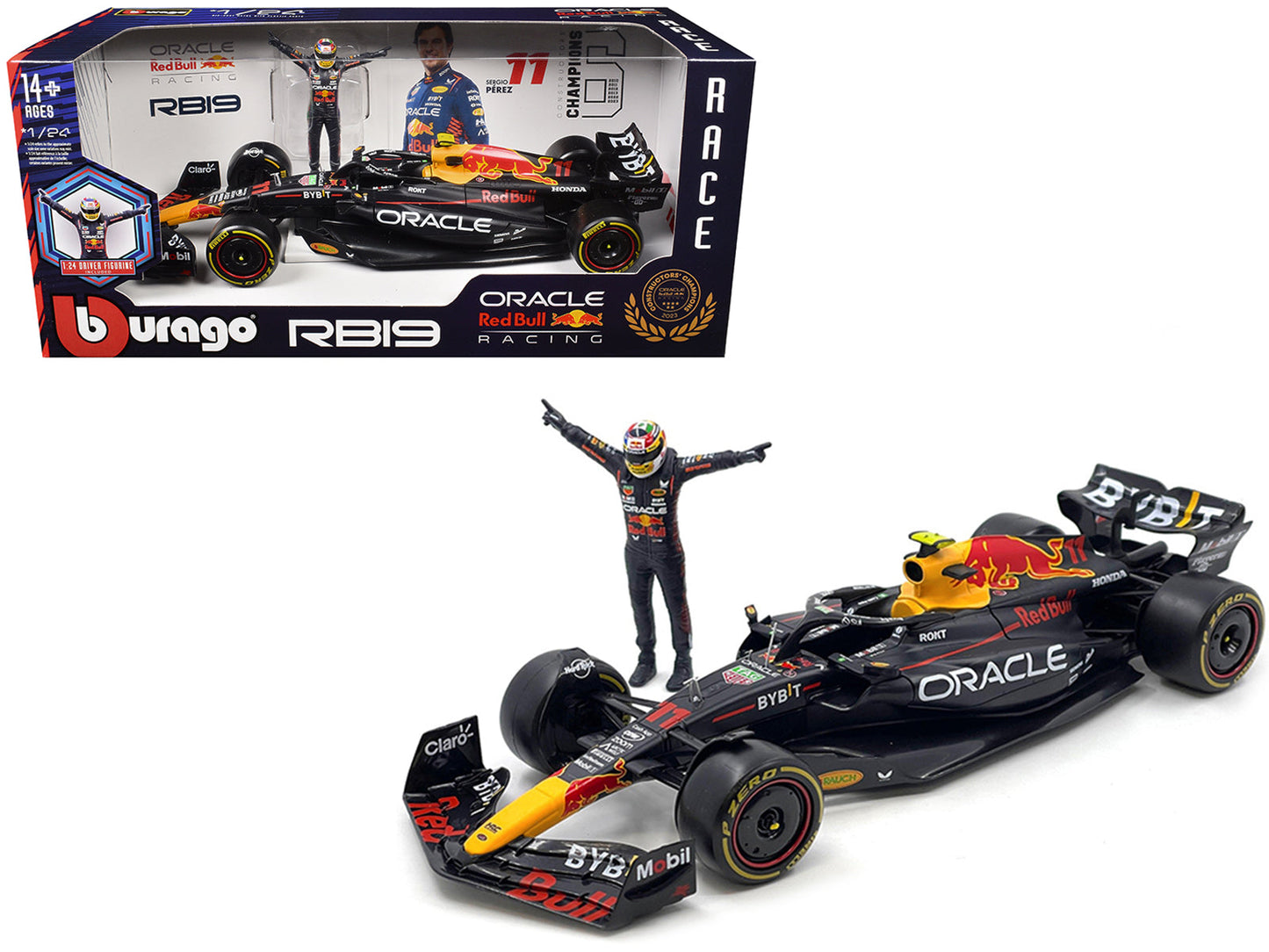 Red Bull Racing RB19 #11 Sergio Perez "Oracle" Formula One F1 Championship "Constructor Champions" (2023) with Driver Figure 1/24 Diecast Model Car by Bburago free shipping USA