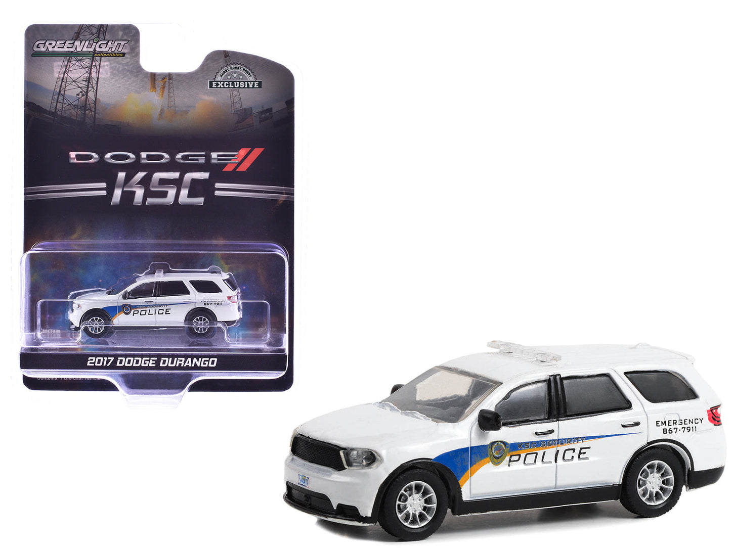 2017 Dodge Durango "Kennedy Space Center (KSC) Security Police Traffic Enforcement" White with Graphics "Hobby Exclusive" Series 1/64 Diecast Model Car by Greenlight free shipping USA