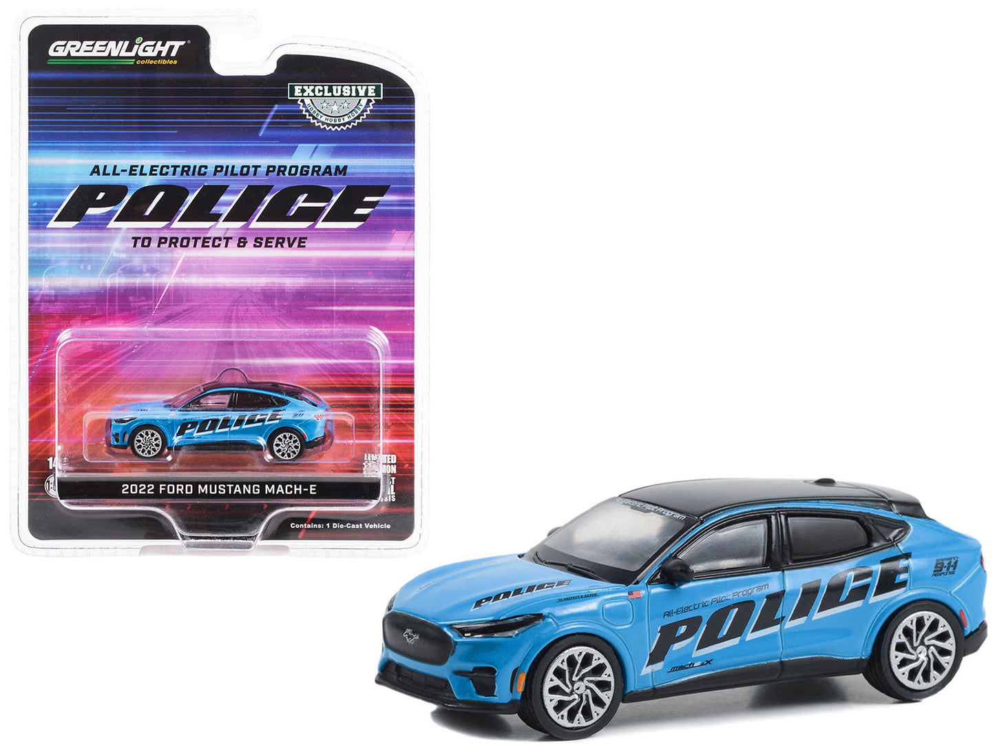 2022 Ford Mustang Mach-E Police Blue with Black Top "All-Electric Pilot Program Vehicle" "Hobby Exclusive" Series 1/64 Diecast Model Car by Greenlight free shipping USA