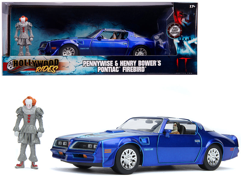 Henry Bower's Pontiac Firebird Trans Am Candy Blue with Pennywise Diecast Figurine "It Chapter Two" (2019) Movie 1/24 Diecast Model Car by Jada free shipping USA