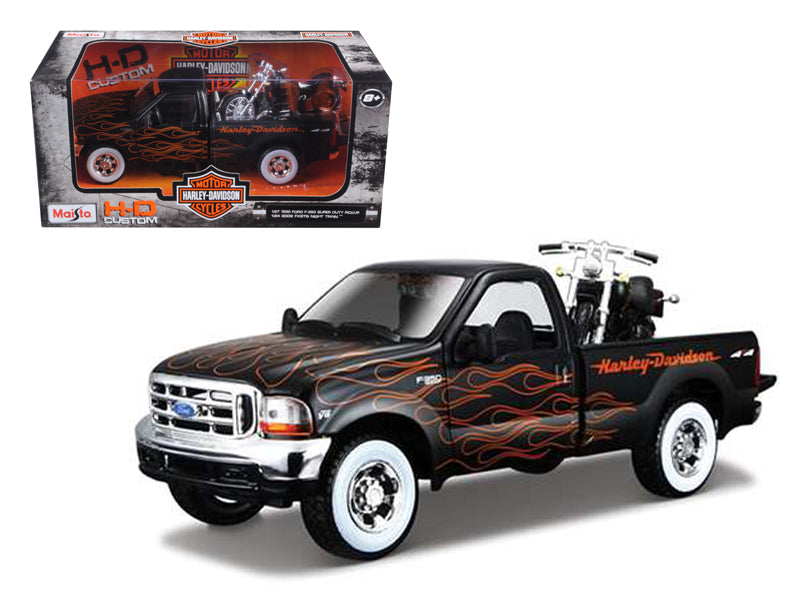 1999 Ford F-350 Super Duty Pickup Black with Flames 1/27 & 2002 Harley Davidson FLSTB Motorcycle Night Train 1/24 Diecast Models by Maisto free shipping USA