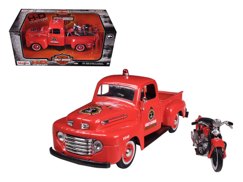 1948 Ford F-1 Pickup Truck "Harley Davidson" Fire Truck and 1936 El Knucklehead Motorcycle 1/24 Diecast Models by Maisto free shipping USA