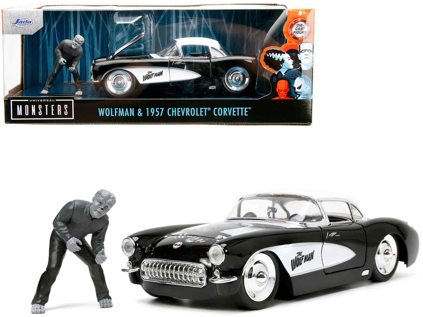 1957 Chevrolet Corvette Black with White Top and Wolfman Diecast Figure "Universal Monsters" "Hollywood Rides" Series 1/24 Diecast Model Car by Jada free shipping USA