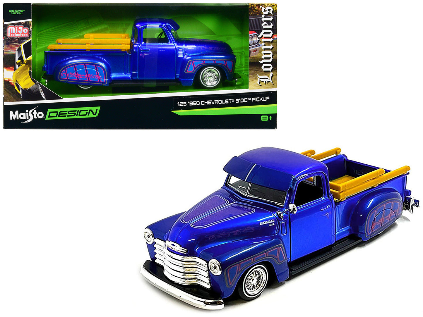1950 Chevrolet 3100 Pickup Truck Lowrider Candy Blue with Graphics "Lowriders" Series 1/25 Diecast Model Car by Maisto free shipping USA