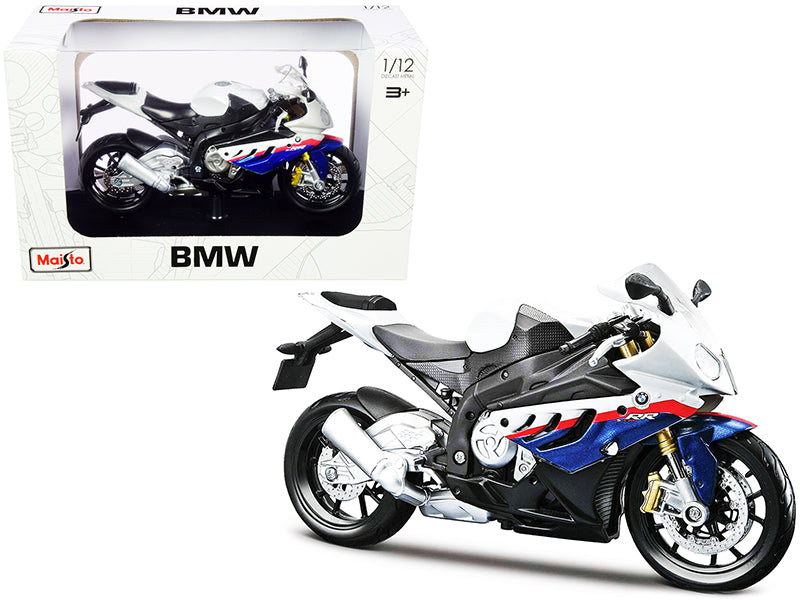 BMW S 1000 RR White with Blue and Red Stripes with Plastic Display Stand 1/12 Diecast Motorcycle Model by Maisto free shipping USA
