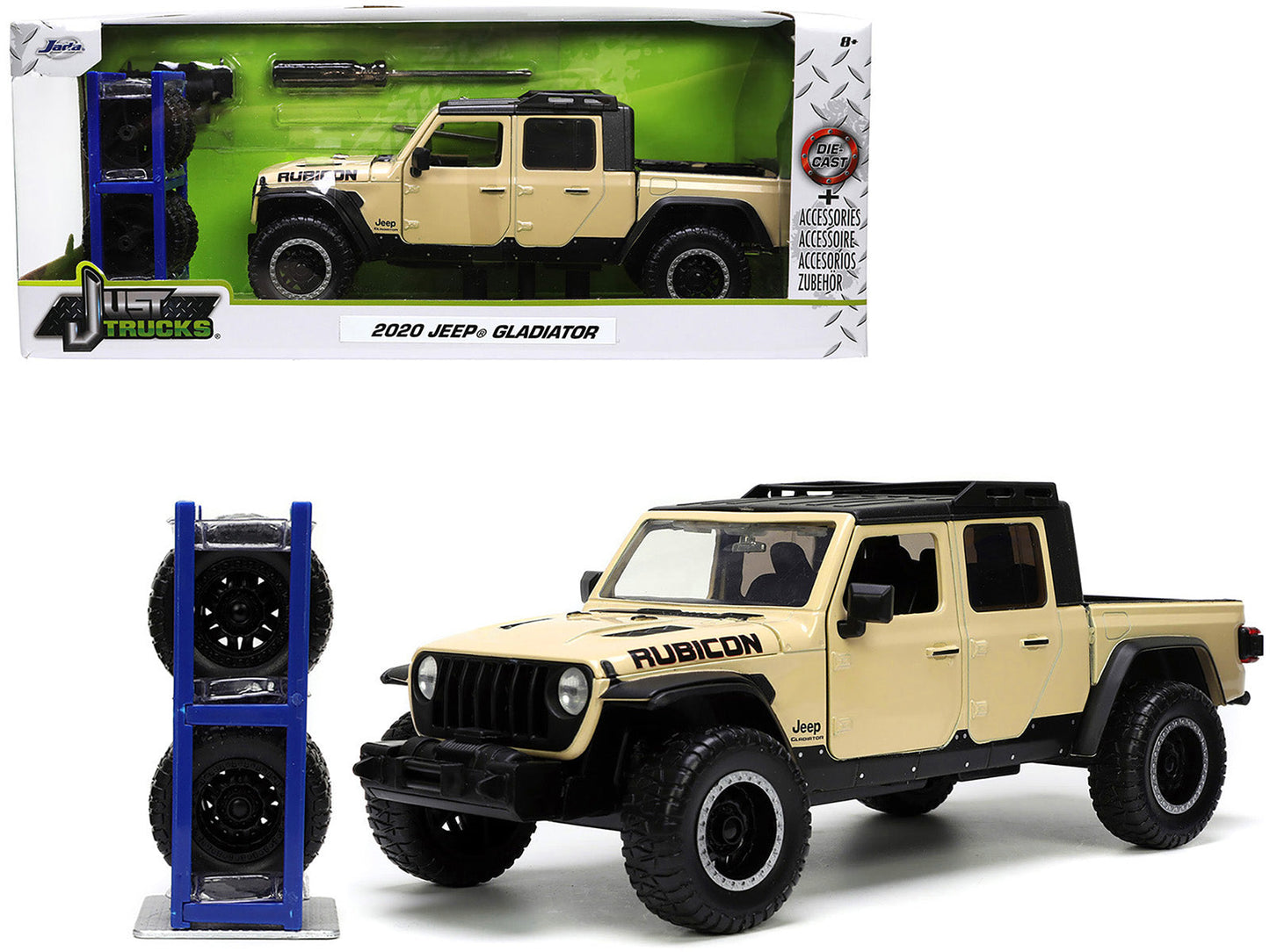 2020 Jeep Gladiator Rubicon Pickup Truck Cream with Roof Rack with Extra Wheels "Just Trucks" Series 1/24 Diecast Model Car by Jada free shipping USA