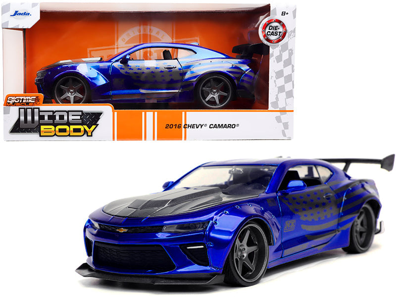 2016 Chevrolet Camaro Widebody Candy Blue with Gray Metallic Hood and American Flag Graphics "Bigtime Muscle" Series 1/24 Diecast Model Car by Jada free shipping USA