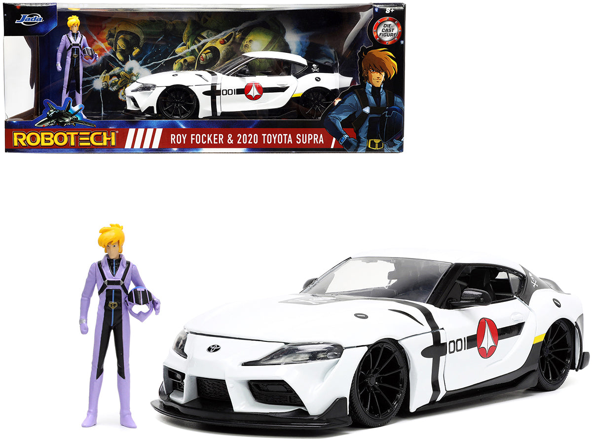2020 Toyota Supra White and Roy Focker Diecast Figurine "Robotech" "Hollywood Rides" Series 1/24 Diecast Model Car by Jada free shipping USA