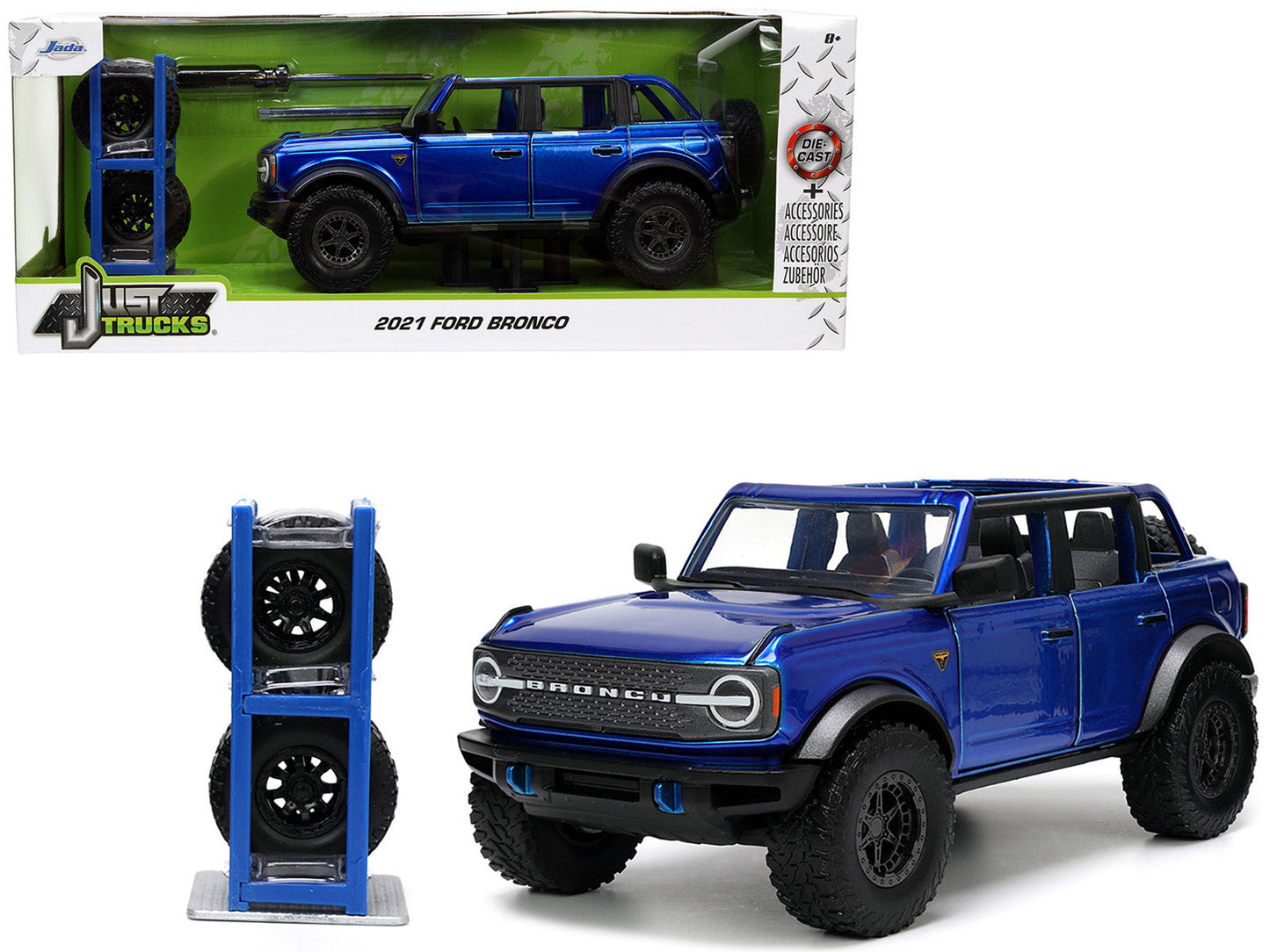 2021 Ford Bronco Open-Top Candy Blue Metallic with Extra Wheels "Just Trucks" Series 1/24 Diecast Model Car by Jada free shipping USA