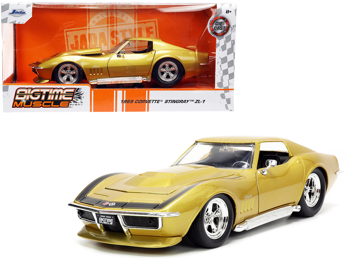 1969 Chevrolet Corvette Stingray ZL-1 Gold Metallic with Black Stripe "Bigtime Muscle" Series 1/24 Diecast Model Car by Jada free shipping USA