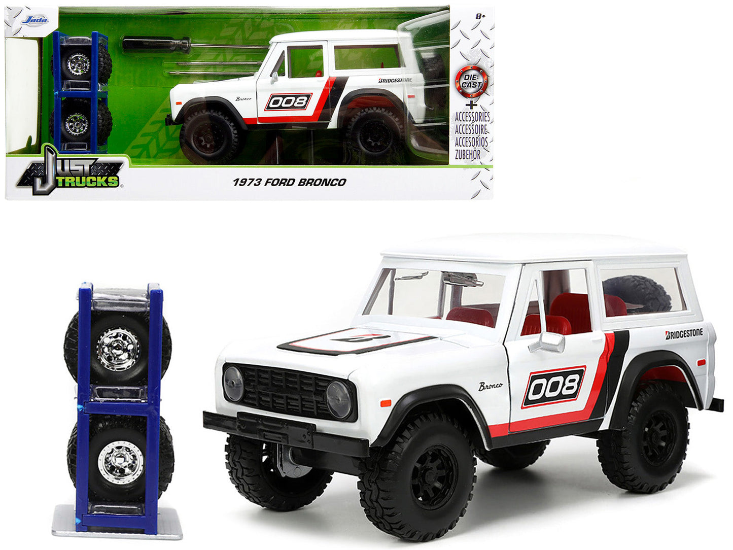 1973 Ford Bronco #008 White with Red and Black Stripes and Red Interior with Extra Wheels "Just Trucks" Series 1/24 Diecast Model Car by Jada free shipping USA