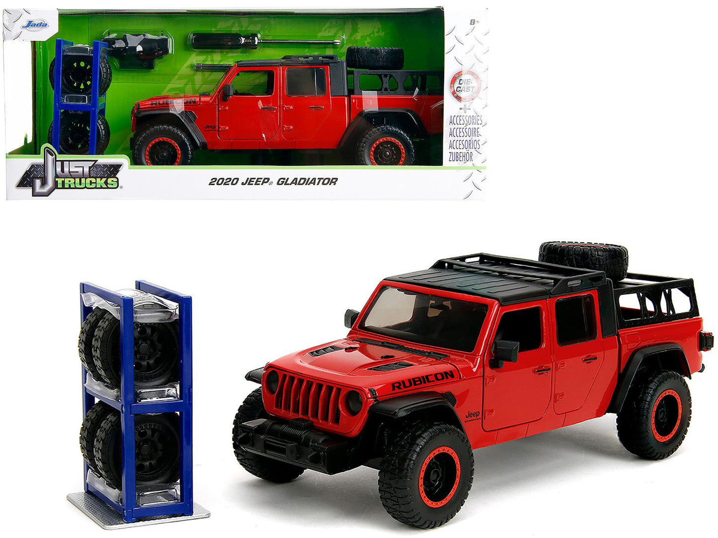 2020 Jeep Gladiator Rubicon Pickup Truck Red with Black Top and Extra Wheels "Just Trucks" Series 1/24 Diecast Model Car by Jada free shipping USA