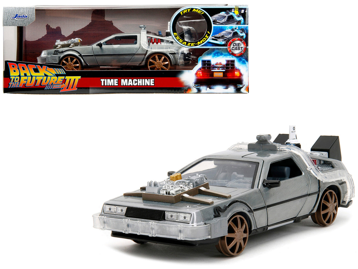 DeLorean Brushed Metal Time Machine (Train Wheel Version) with Lights "Back to the Future Part III" (1990) Movie "Hollywood Rides" Series 1/24 Diecast Model Car by Jada free shipping USA