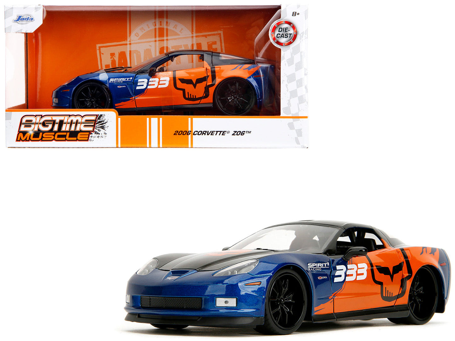 2006 Chevrolet Corvette Z06 #333 "Spirit Racing" Blue Metallic and Orange with Black Hood and Top "Bigtime Muscle" Series 1/24 Diecast Model Car by Jada free shipping USA