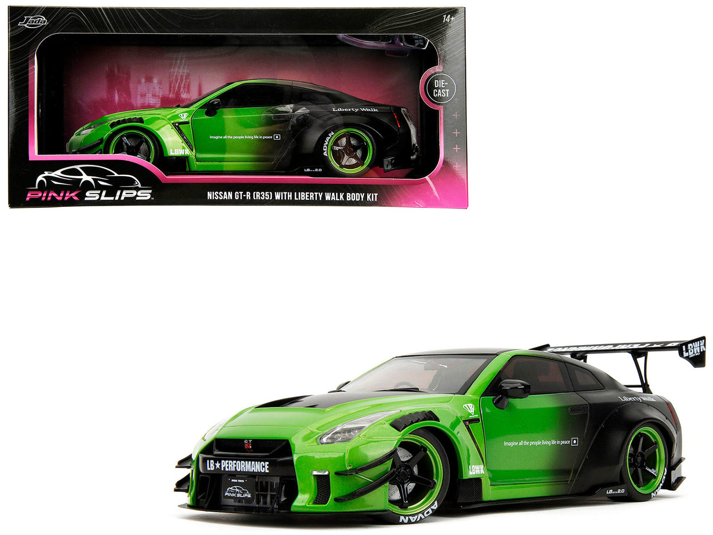 Nissan GT-R (R35) Liberty Walk Body Kit 2.0 RHD (Right Hand Drive) Green and Matt Black "Pink Slips" Series 1/18 Diecast Model Car by Jada free shipping USA