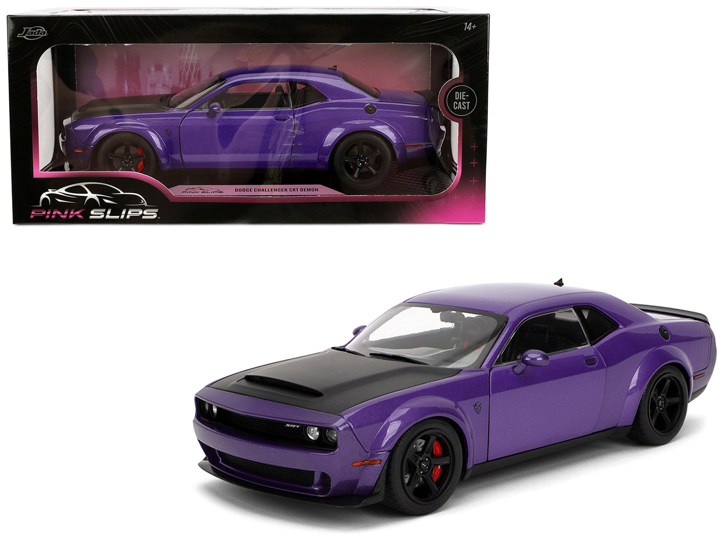 Dodge Challenger SRT Demon Purple Metallic with Matt Black Hood "Pink Slips" Series 1/18 Diecast Model Car by Jada free shipping USA