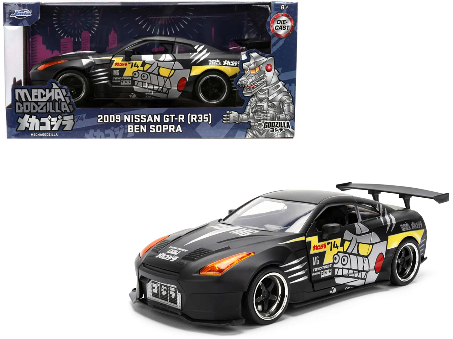 2009 Nissan GT-R (R35) Ben Sopra Matt Black with "Mechagodzilla" Graphics "Hollywood Rides" Series 1/24 Diecast Model Car by Jada free shipping USA