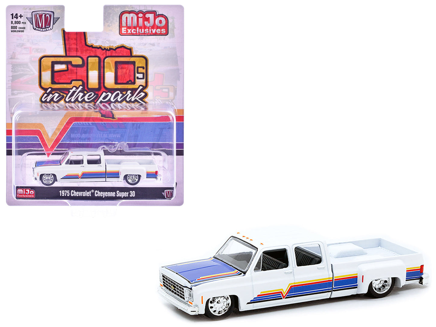 1975 Chevrolet Cheyenne Super 30 Dually Pickup Truck White with Blue Hood and Stripes Limited Edition to 8800 pieces Worldwide 1/64 Diecast Model Car by M2 Machines free shipping USA