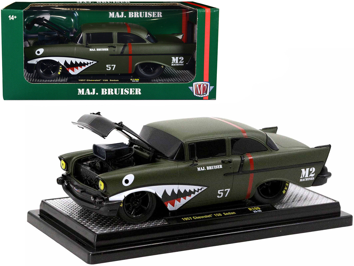 1957 Chevrolet 150 Sedan #57 Matt Green Metallic "Major Bruiser" Limited Edition to 5650 pieces Worldwide 1/24 Diecast Model Car by M2 Machines free shipping USA