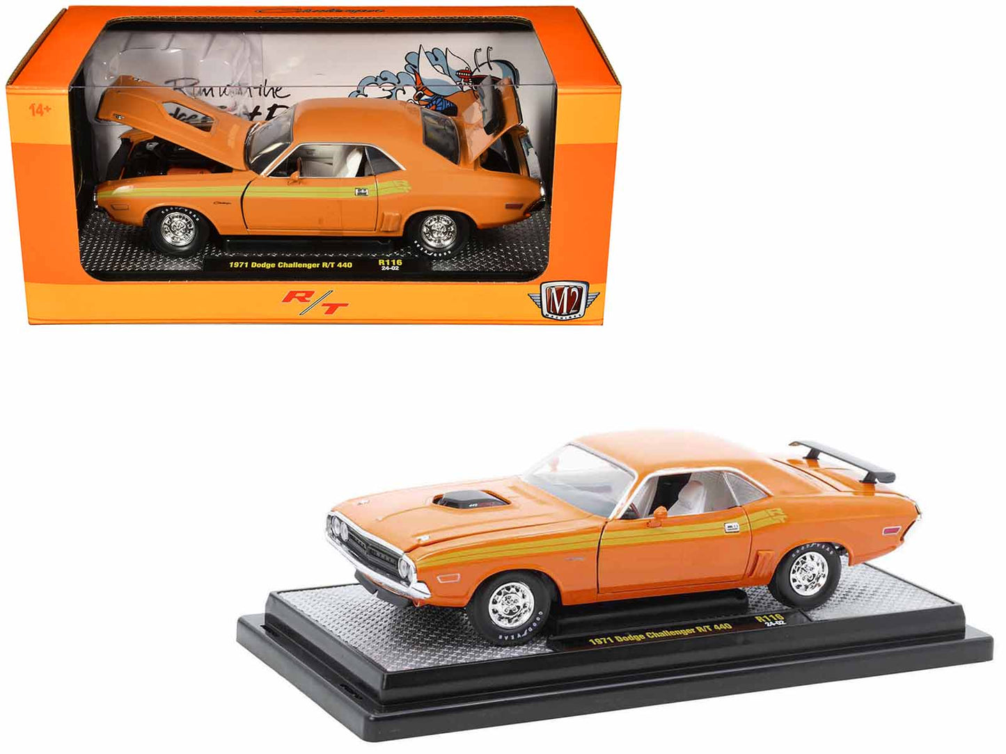 1971 Dodge Challenger R/T 440 Orange with Yellow Stripes and White Interior Limited Edition to 5250 pieces Worldwide 1/24 Diecast Model Car by M2 Machines free shipping USA