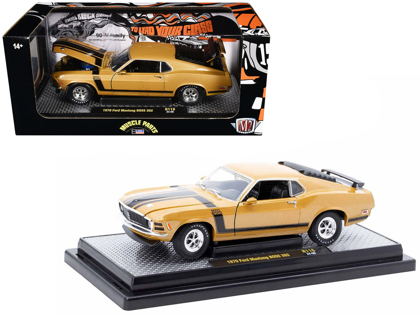 1970 Ford Mustang BOSS 302 Gold Metallic with Black Stripes Limited Edition to 6250 pieces Worldwide 1/24 Diecast Model Car by M2 Machines free shipping USA