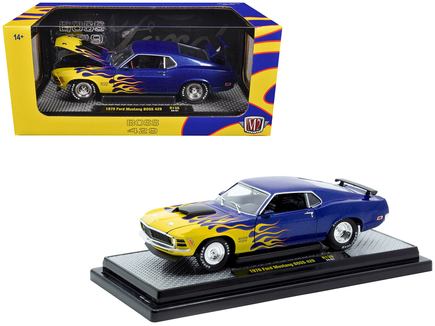 1970 Ford Mustang BOSS 429 Blue Metallic with Flame Graphics Limited Edition to 6650 pieces Worldwide 1/24 Diecast Model Car by M2 Machines free shipping USA