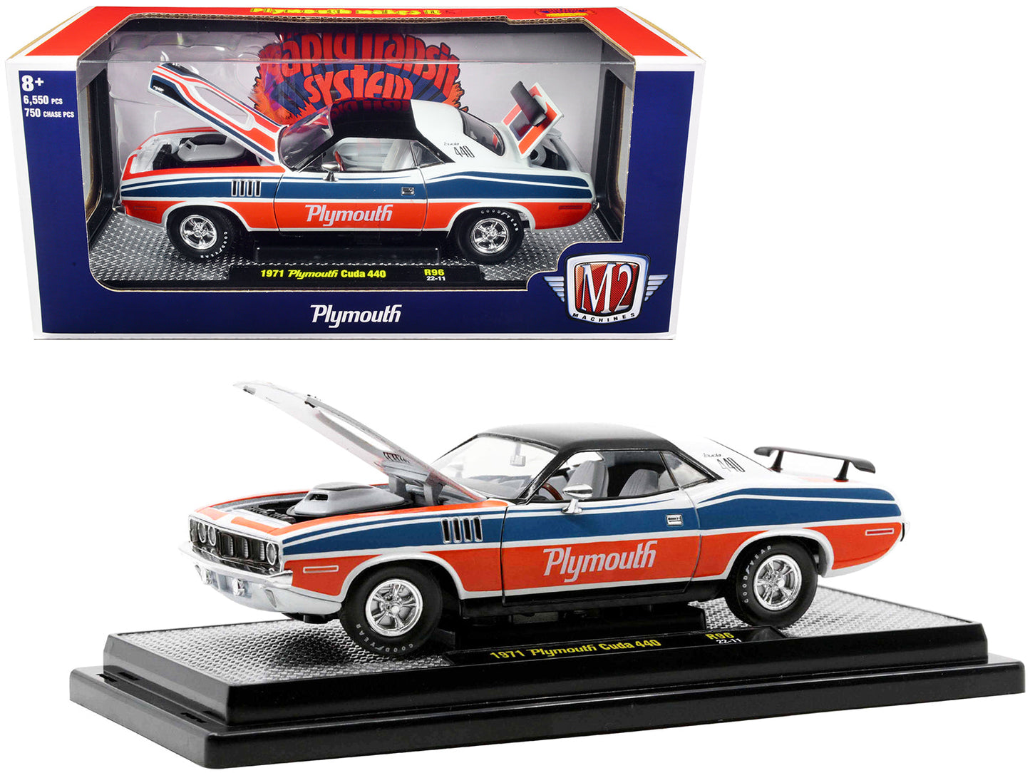 1971 Plymouth Barracuda 440 Pearl White with Blue and Red Stripes and Black Top Limited Edition to 6550 pieces Worldwide 1/24 Diecast Model Car by M2 Machines free shipping USA
