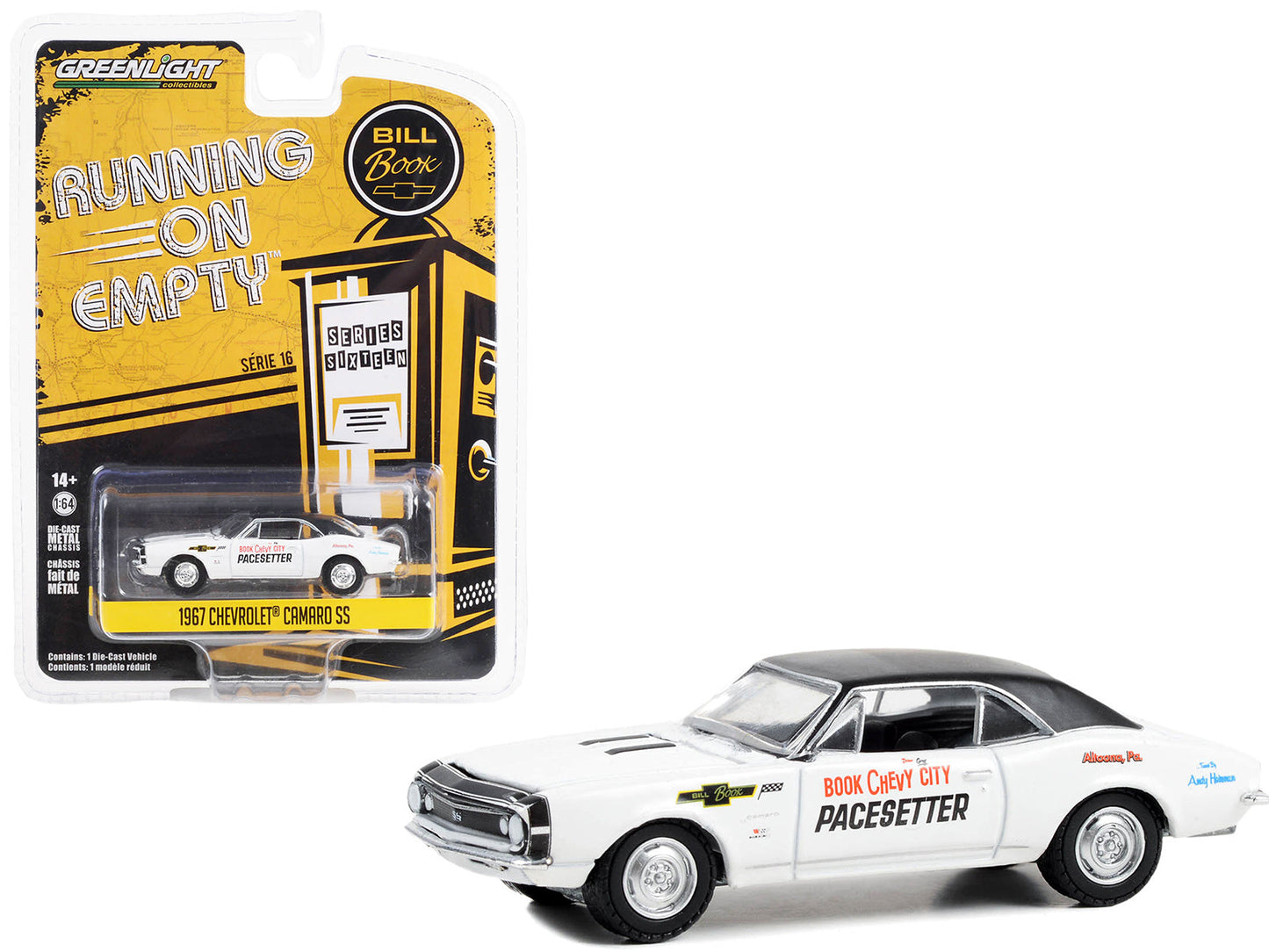 1967 Chevrolet Camaro SS White with Black Top "Book City Chevy Pacesetter - Altoona Pennsylvania" "Running on Empty" Series 16 1/64 Diecast Model Car by Greenlight free shipping USA