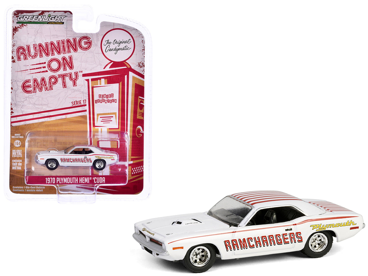 1970 Plymouth Hemi Barracuda "Ramchargers" White with Red Stripes "Running on Empty" Series 17 1/64 Diecast Model Car by Greenlight free shipping USA