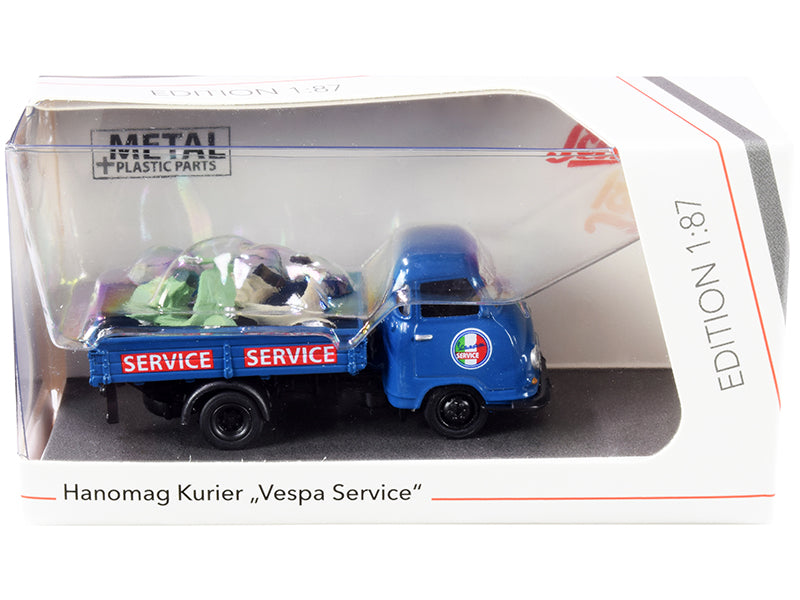 Hanomag Kurier Transporter "Vespa Service" Blue with 2 Vespas (Green and Cream) 1/87 (HO) Diecast Models by Schuco free shipping USA