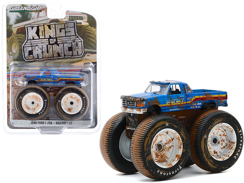 1996 Ford F-250 Monster Truck "Bigfoot #7" Blue (Dirty Version) "Kings of Crunch" Series 7 1/64 Diecast Model Car by Greenlight free shipping USA