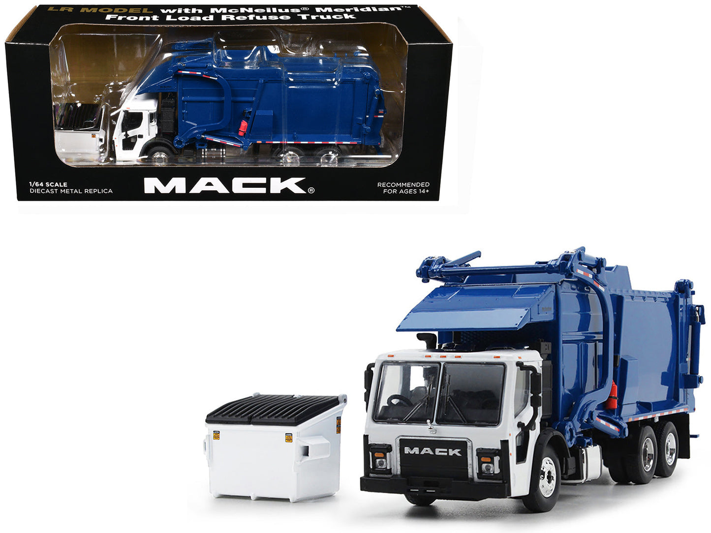 Mack LR Refuse Garbage Truck with McNeilus Meridian Front Loader White and Blue with Trash Bin 1/64 Diecast Model by DCP/First Gear free shipping USA