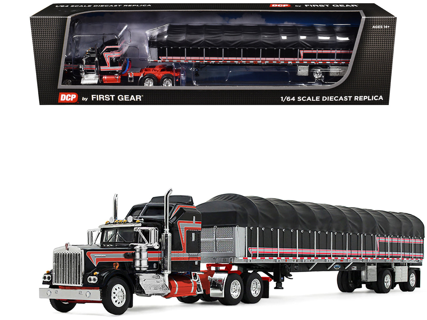 Kenworth W900A with 60" Aerodyne Sleeper and 53’ Wilson Roadbrute Flatbed Trailer with Covered Wagon Black with Red Stripes 1/64 Diecast Model by DCP/First Gear free shipping USA