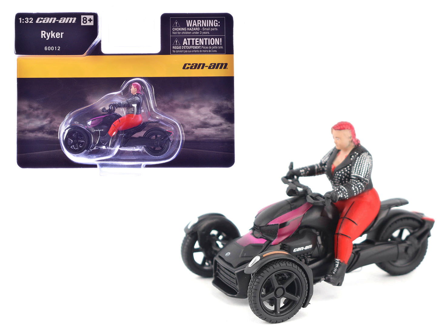 Can-Am Ryker 3-Wheel Motorcycle Pink Punk and Black with Driver Figure 1/32 Diecast Model by BRP Models free shipping USA