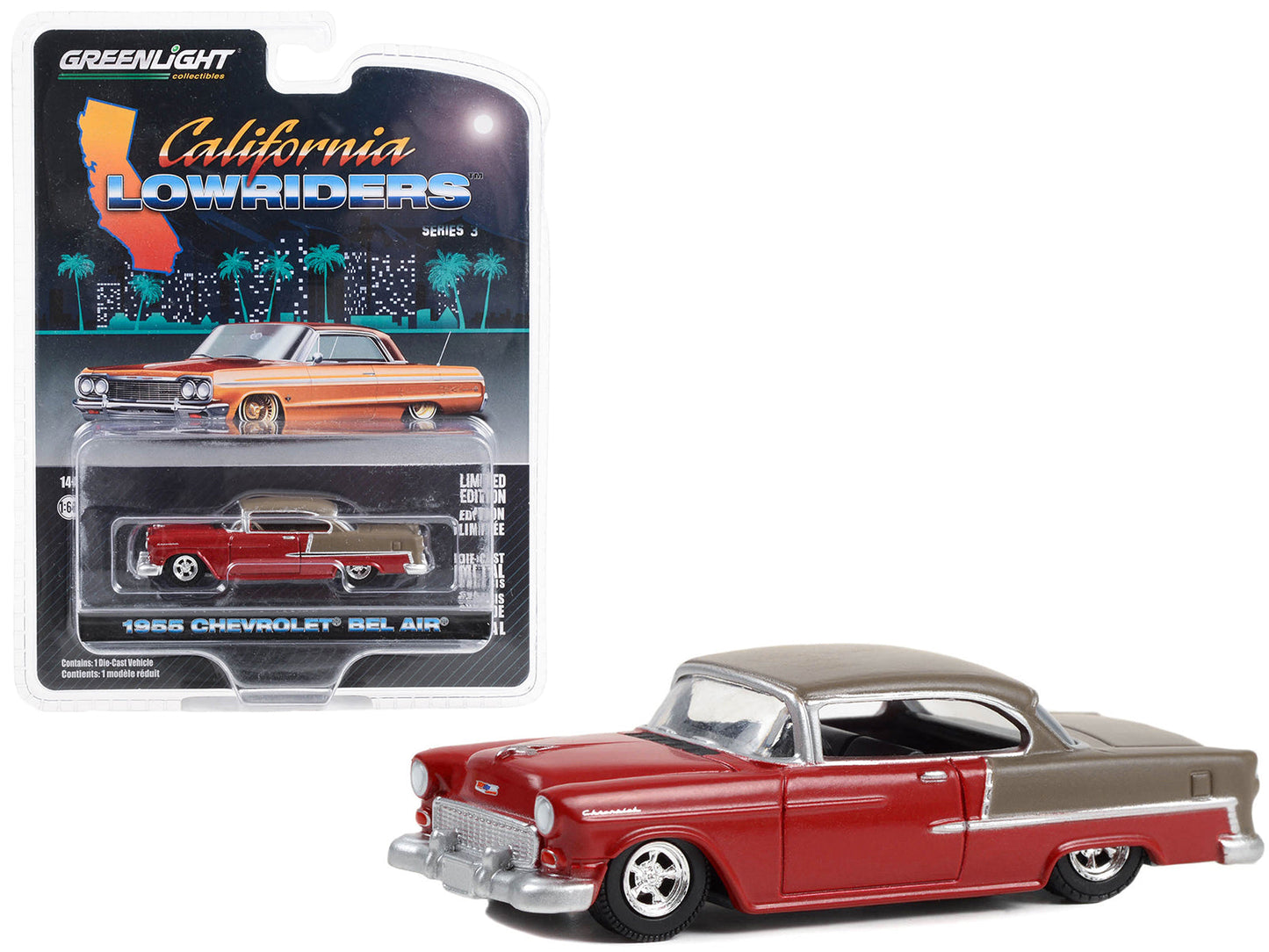 1955 Chevrolet Bel Air Lowrider Ruby Red and Matt Bronze "California Lowriders" Series 3 1/64 Diecast Model Car by Greenlight free shipping USA
