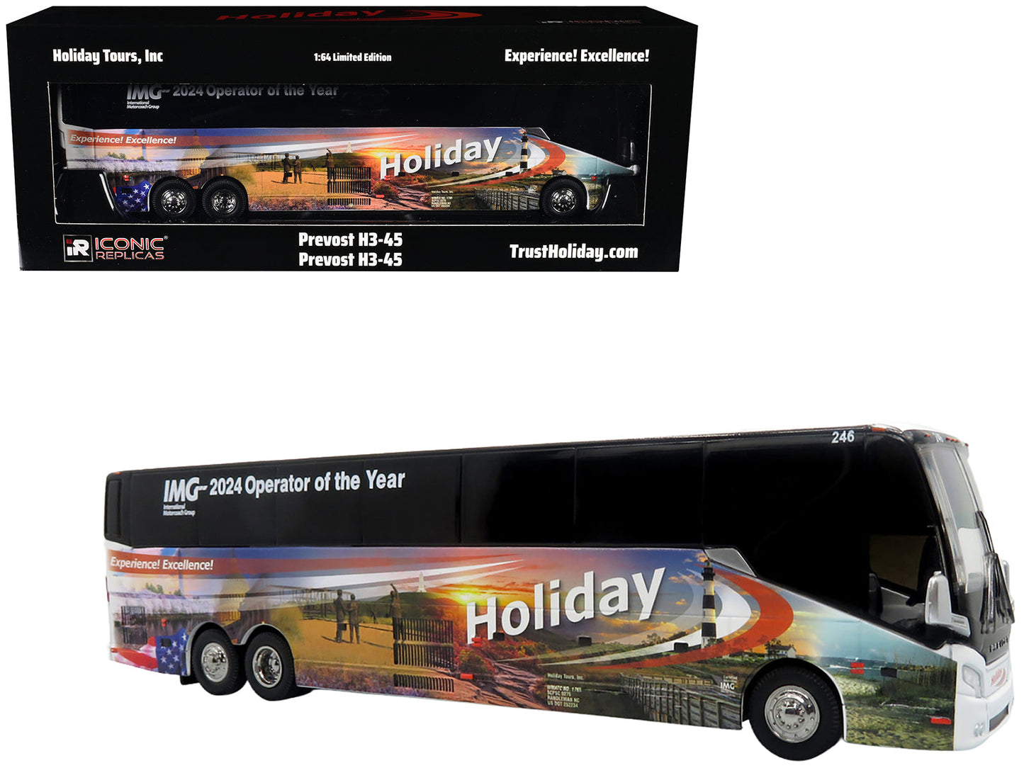 Prevost H3-45 Coach Bus "Holiday Tours - 2024 IMG Operator of the Year" White with Graphics Limited Edition 1/64 Diecast Model by Iconic Replicas free shipping USA