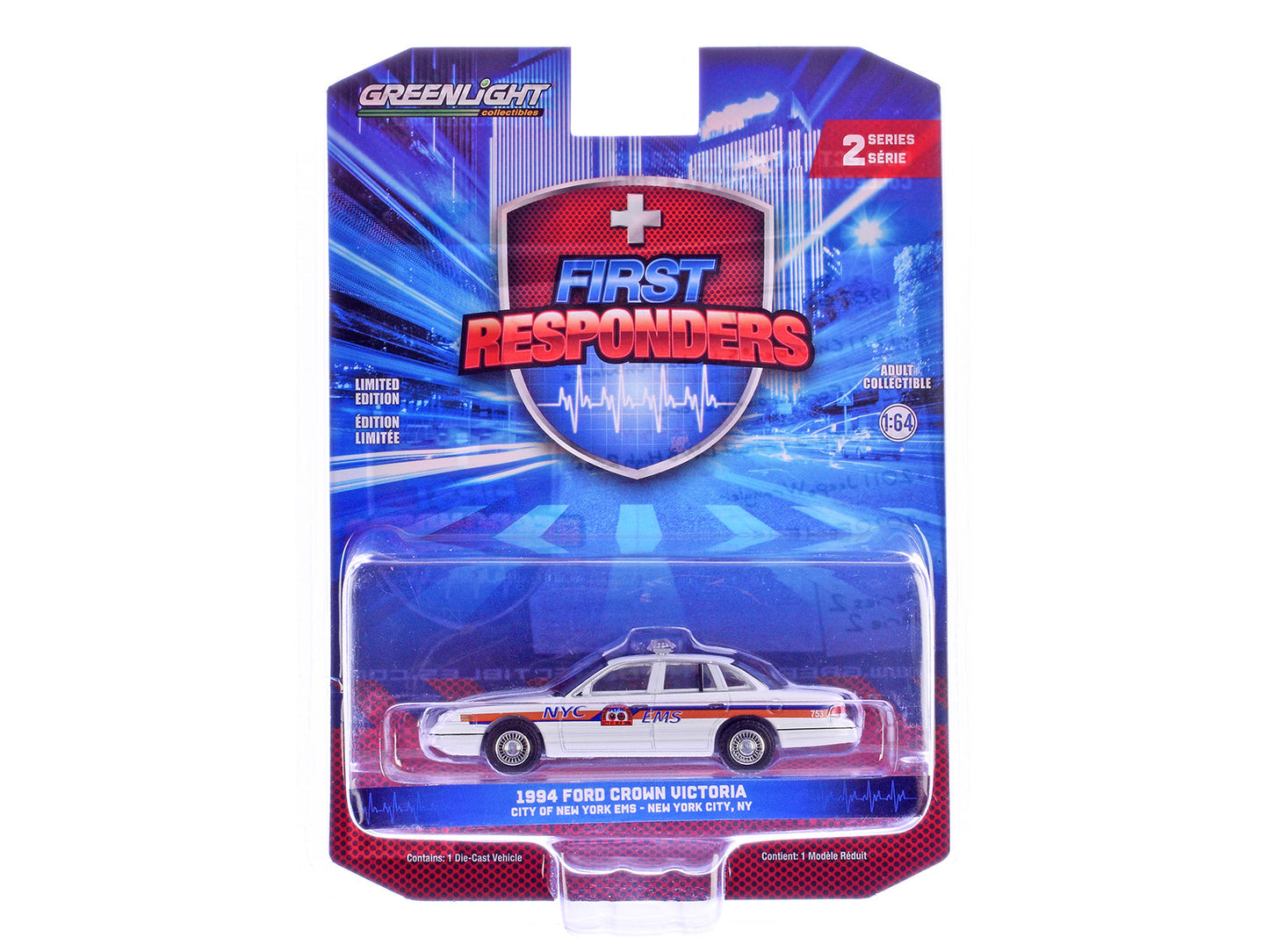 1994 Ford Crown Victoria "NYC EMS (City of New York Emergency Medical Service)" White with Blue and Red Stripes "First Responders" Series 2 1/64 Diecast Model Car by Greenlight free shipping USA