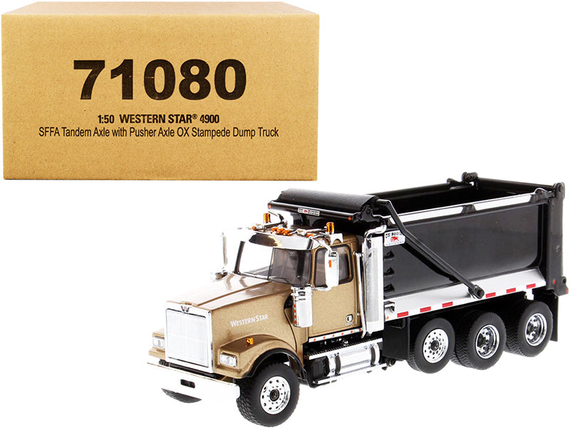 Western Star 4900 SFFA Tandem with Pusher Axle OX Stampede Dump Truck Gold and Black "Transport Series" 1/50 Diecast Model by Diecast Masters free shipping USA