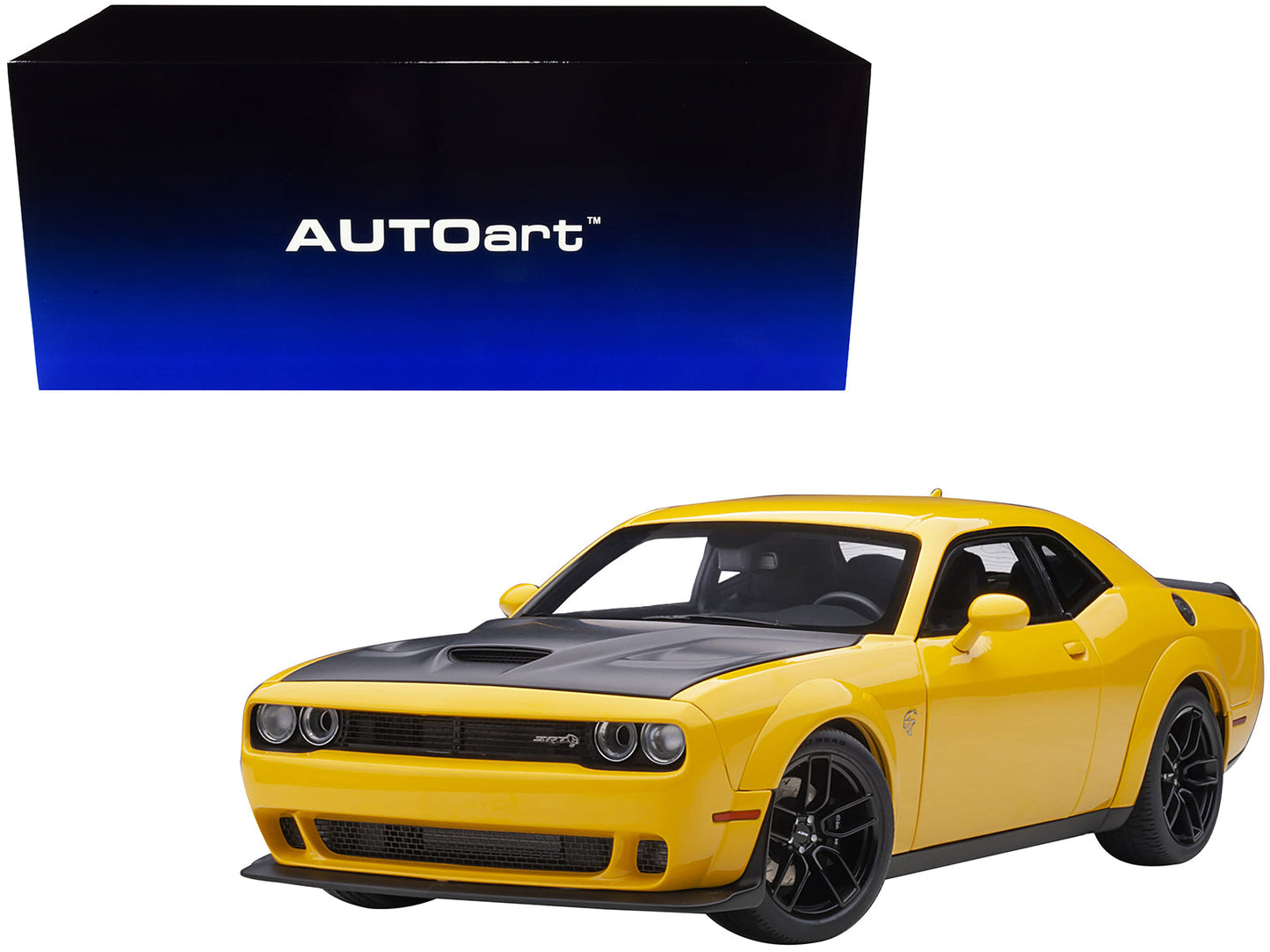 Dodge Challenger SRT Hellcat Widebody Yellow Jacket with Satin Black Hood 1/18 Model Car by Autoart free shipping USA