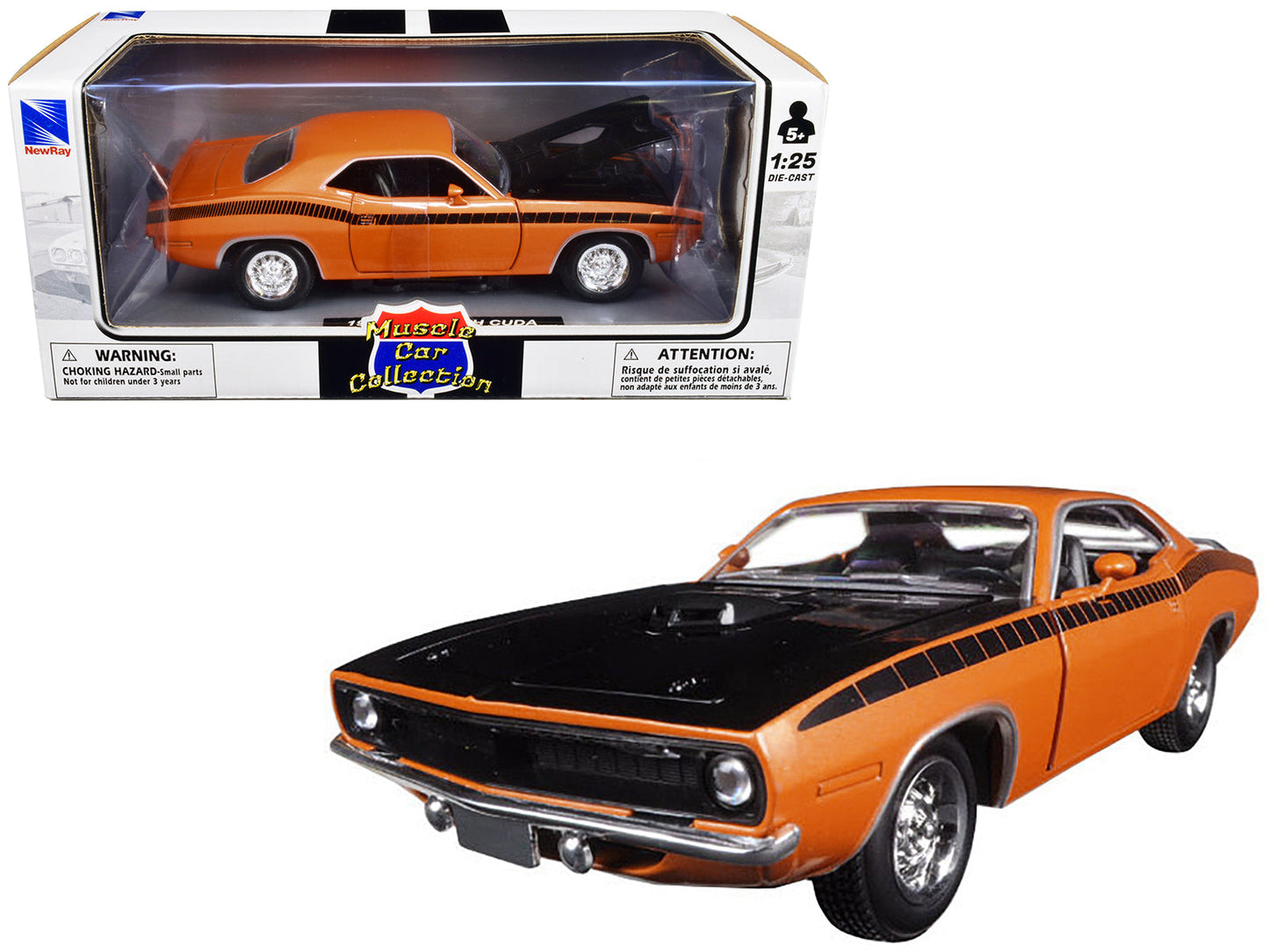 1970 Plymouth Cuda Orange with Black Hood and Stripes 1/25 Diecast Model Car by New Ray free shipping USA