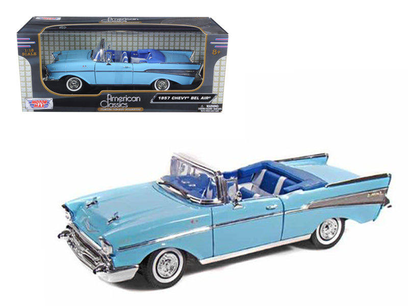1957 Chevrolet Bel Air Convertible Light Blue with Blue Interior 1/18 Diecast Model Car by Motormax free shipping USA