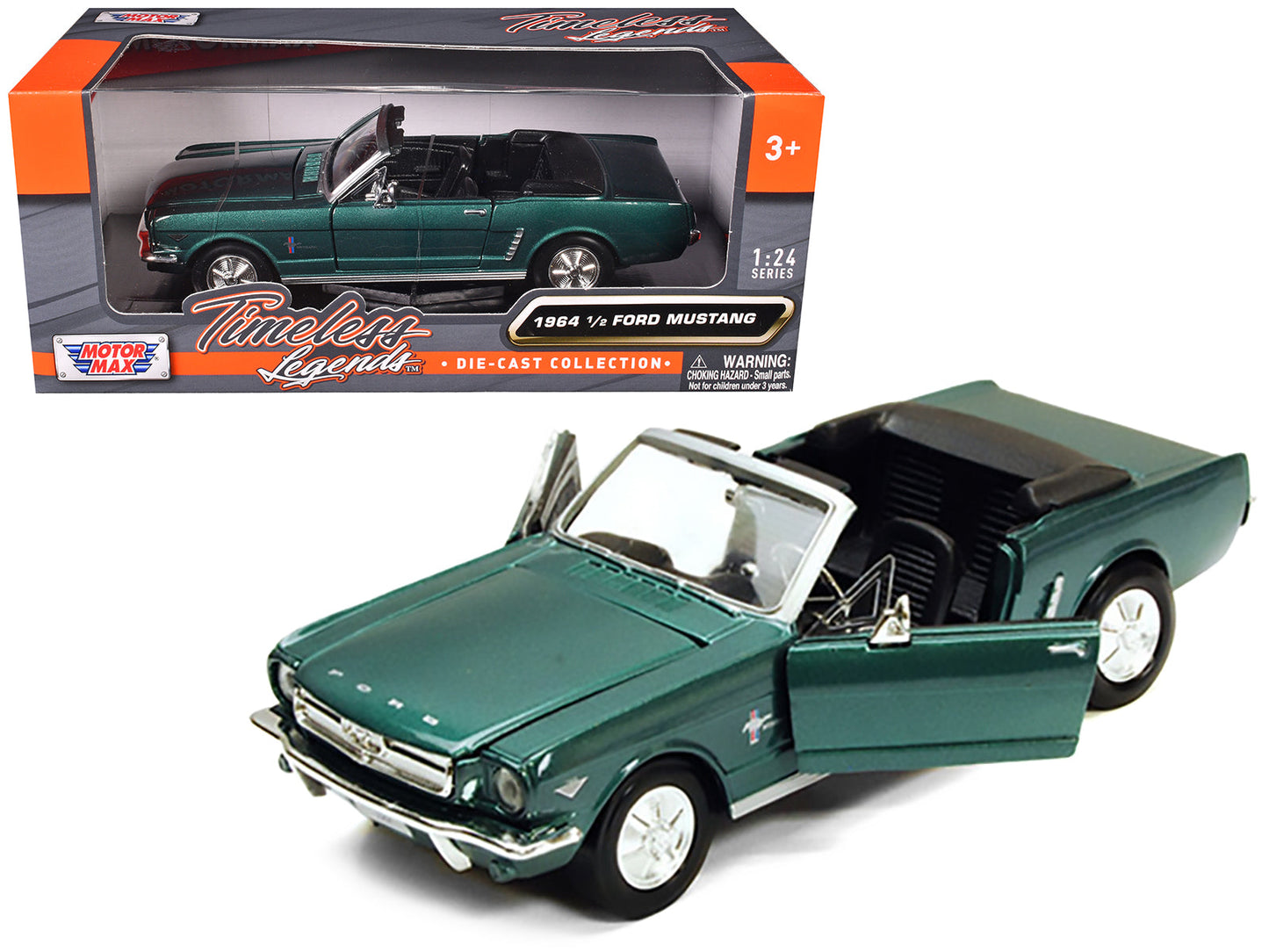1964 1/2 Ford Mustang Convertible Green Metallic 1/24 Diecast Model Car by Motormax free shipping USA
