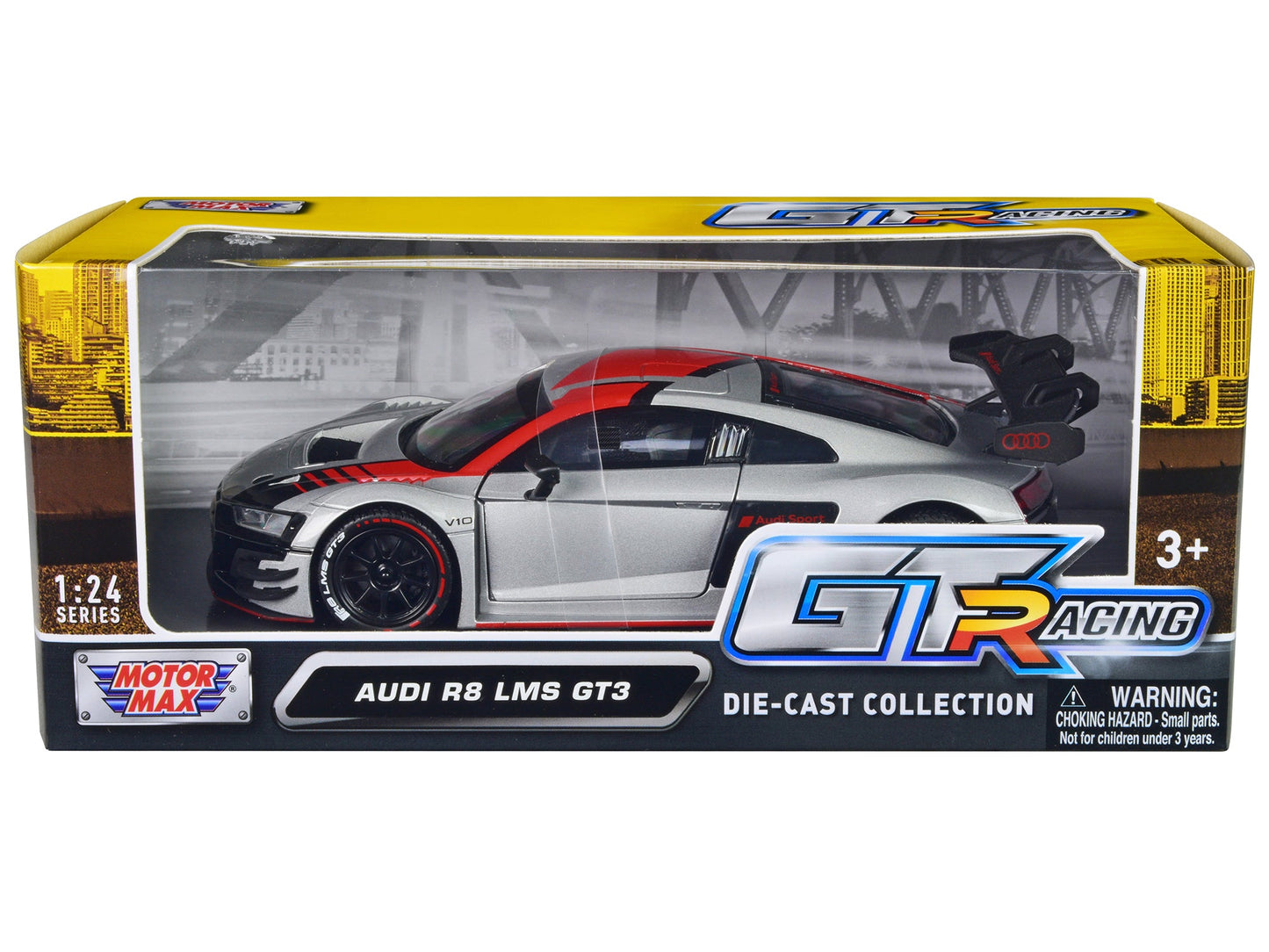 Audi R8 LMS GT3 Silver Metallic with Graphics "GT Racing" Series 1/24 Diecast Model Car by Motormax free shipping USA