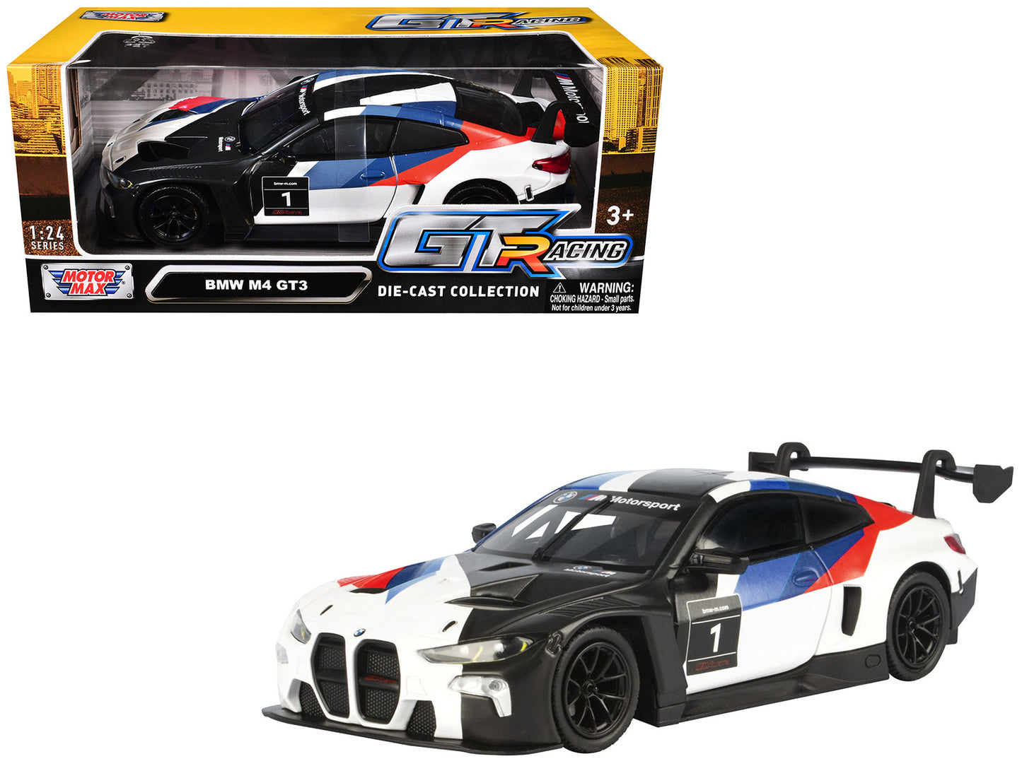 BMW M4 GT3 #1 White with Black Blue and Red Graphics "GT Racing" Series 1/24 Diecast Model Car by Motormax free shipping USA