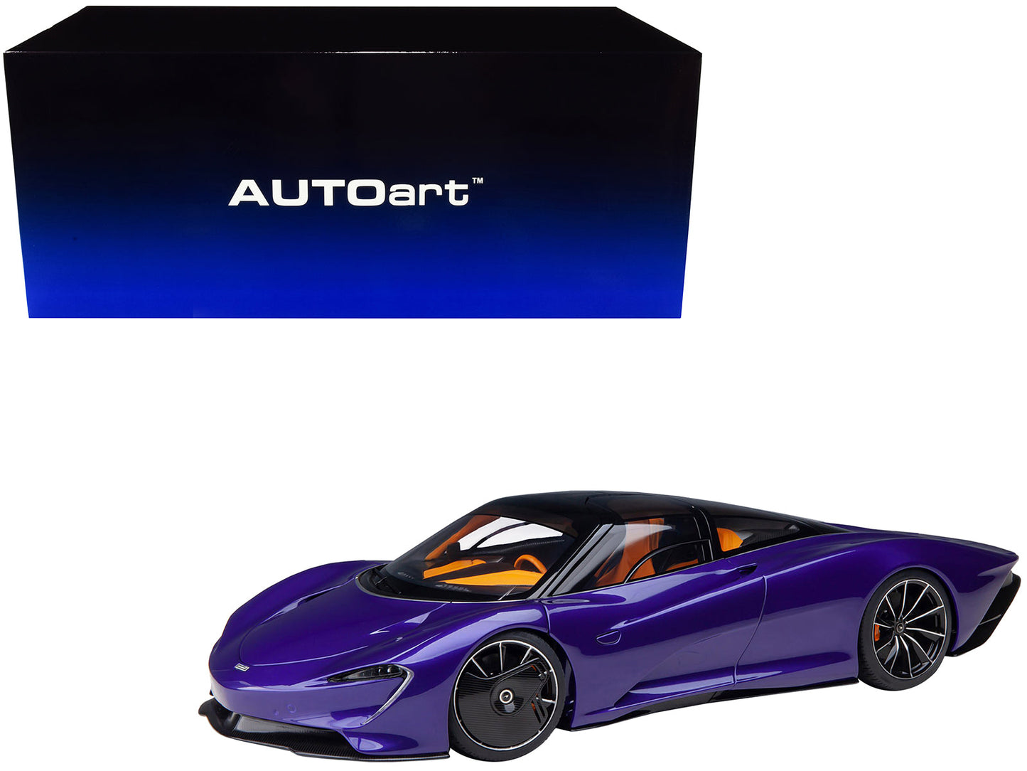McLaren Speedtail Lantana Purple Metallic with Black Top and Yellow Interior and Suitcase Accessories 1/18 Model Car by Autoart free shipping USA