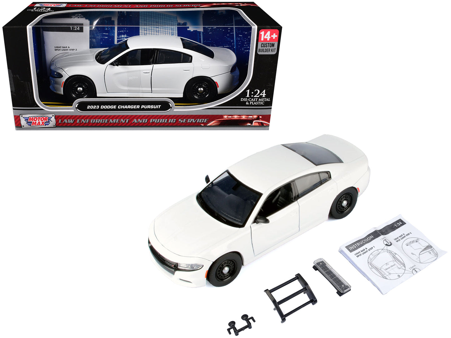 2023 Dodge Charger Pursuit Police Car White "Custom Builder's Kit - Law Enforcement and Public Service" Series 1/24 Diecast Model Car by Motormax free shipping USA