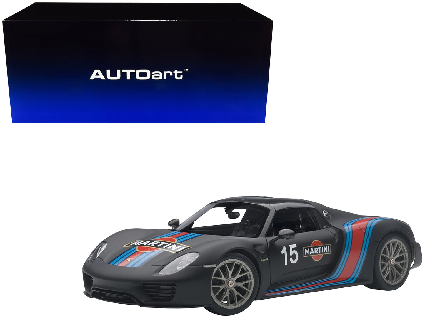 Porsche 918 Spyder Weissach Package Black/ Martini Livery #15 1/18 Model Car by Autoart free shipping USA