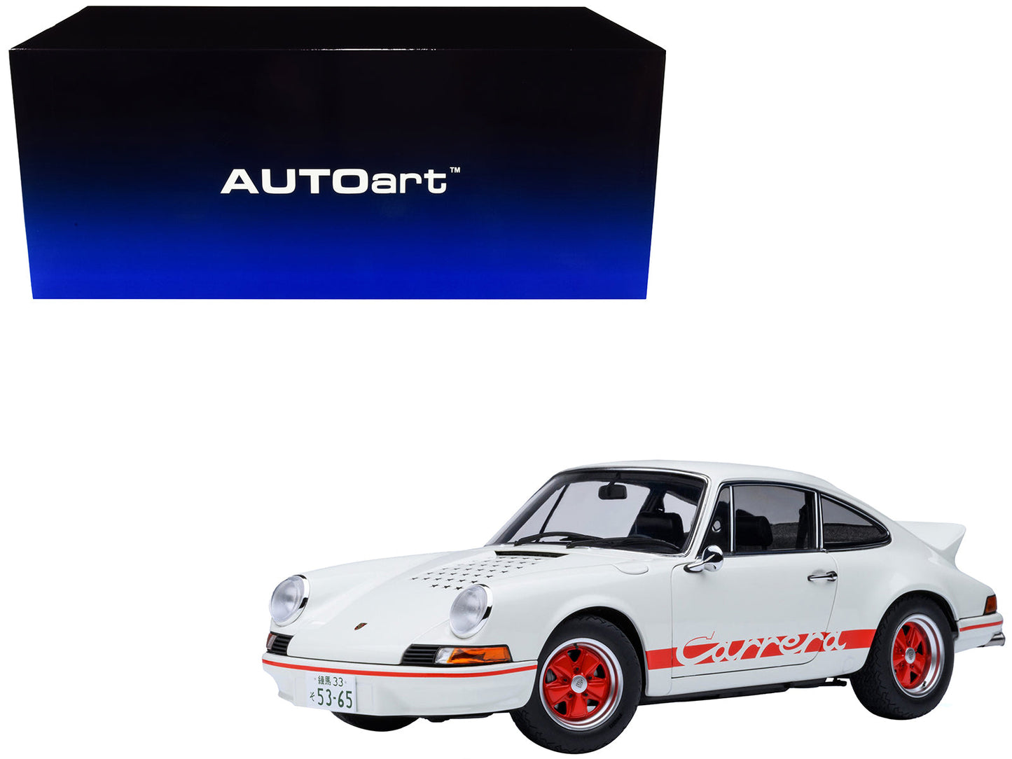 Porsche 911 Carrera 2.7 RS "The Circuit Wolf" White with Red Stripes and Wheels with Hood Graphics 1/18 Model Car by Autoart free shipping USA