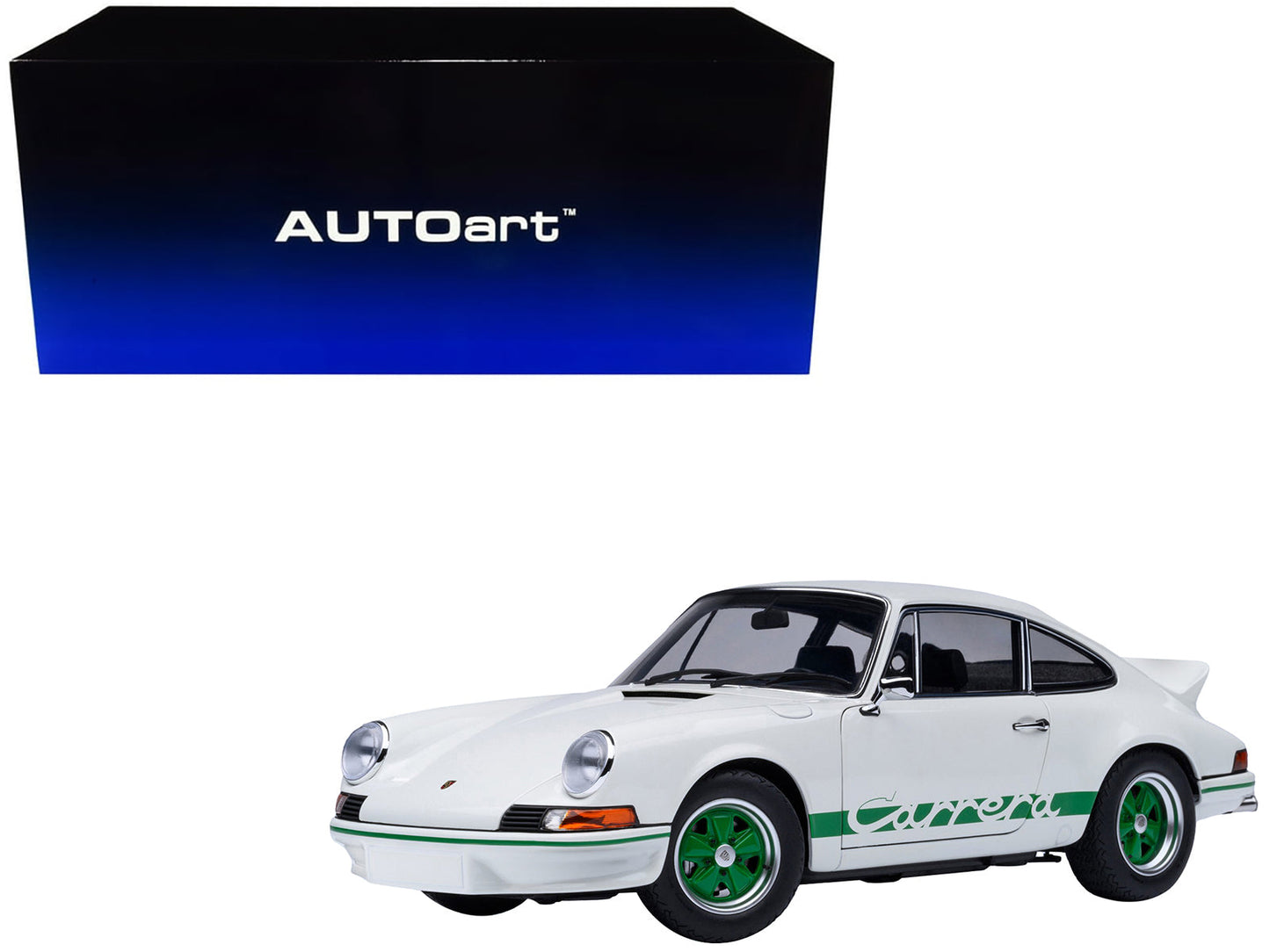 Porsche 911 Carrera 2.7 RS Grand Prix White with Green Stripes and Wheels 1/18 Model Car by Autoart free shipping USA