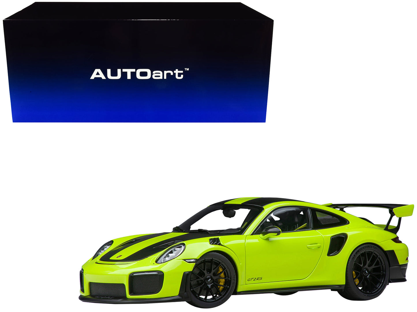 Porsche 911 (991.2) GT2 RS Weissach Package Acid Green with Carbon Stripes 1/18 Model Car by Autoart free shipping USA